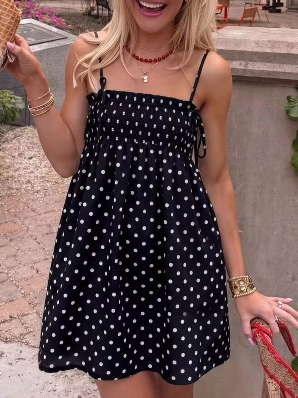 Vintage Polka Dot All-Over Print Bohemian Casual Pleated Elastic
